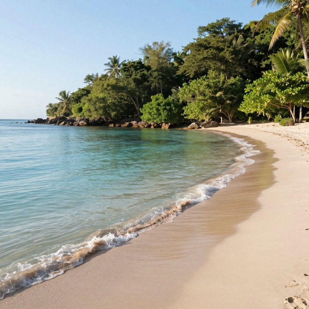 Sandy beach with clear turquoise water and lush green trees.