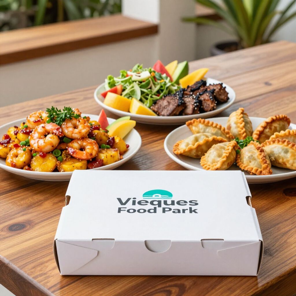 A meal from Vieques Food Park: shrimp, meat, dumplings, salad, and a box on a wooden table.