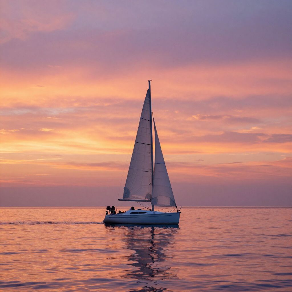 Sailboat on calm water with a sunset sky in shades of pink, orange, and purple.