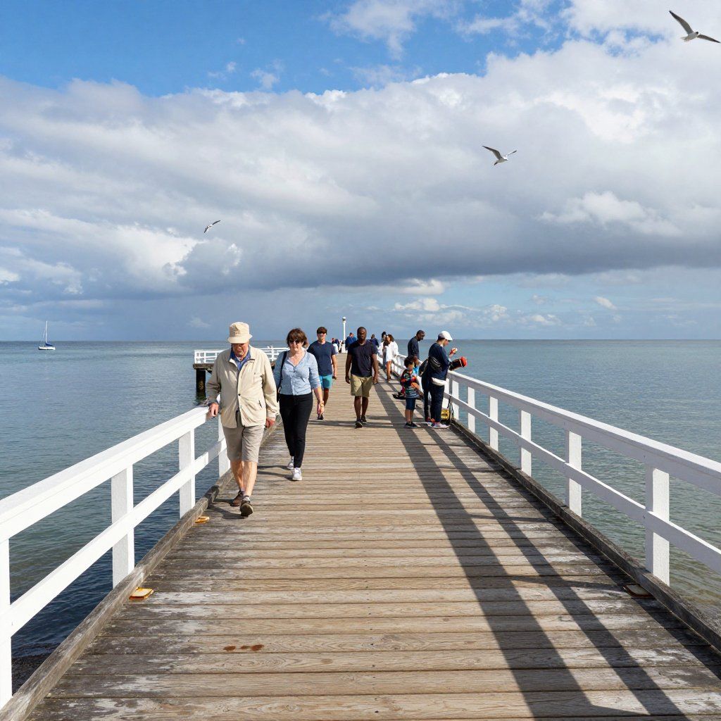 People walking on a pier over calm water, seagulls flying above, sunny day.