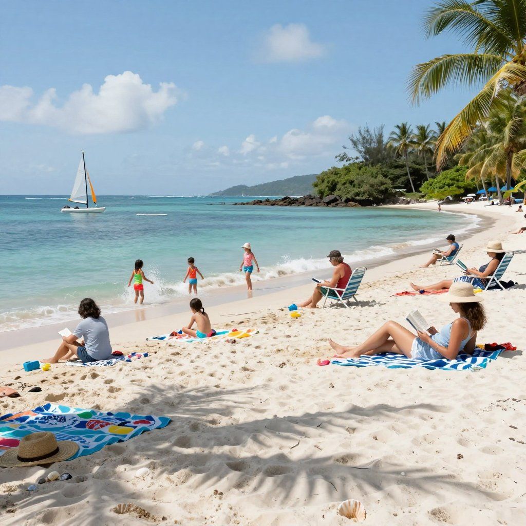 Beach scene: People relax on sand, children play in water. Sailboat, palm trees, blue sky.