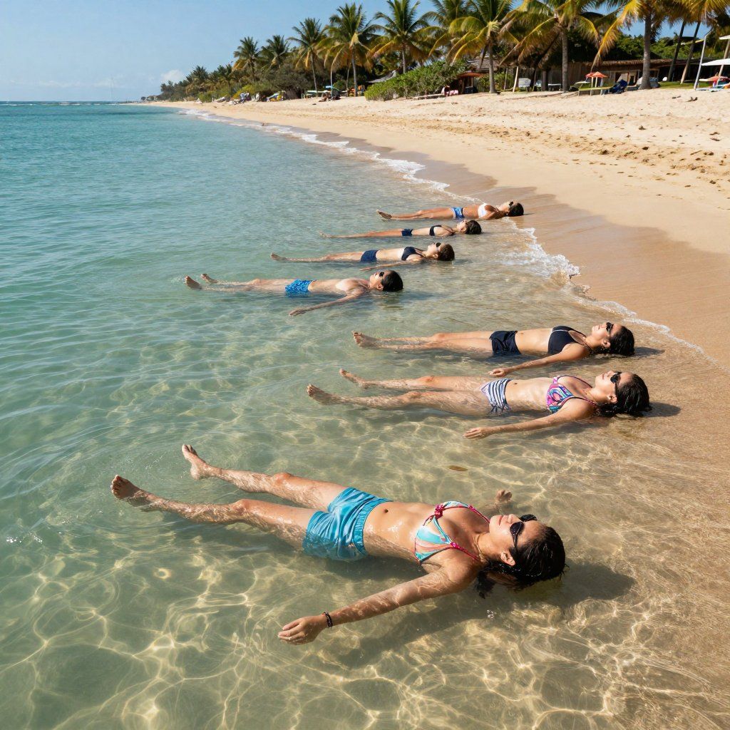 People floating in shallow water near a beach; sunny day with palm trees in the background.