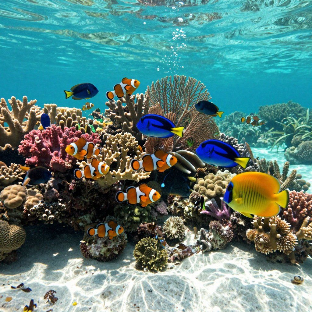 Colorful coral reef with fish including clownfish and blue tangs in clear water.