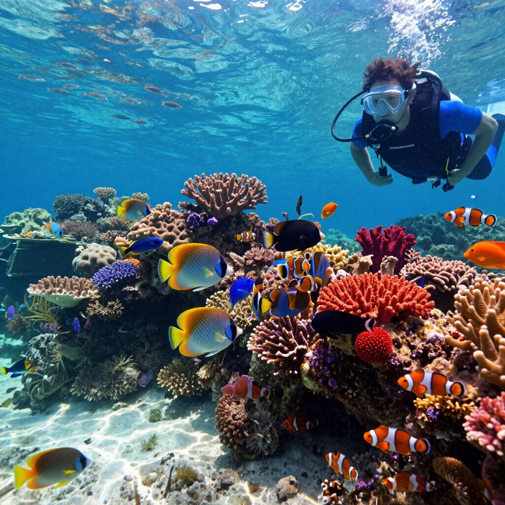 Scuba diver exploring a vibrant coral reef, filled with colorful fish, in clear blue water.
