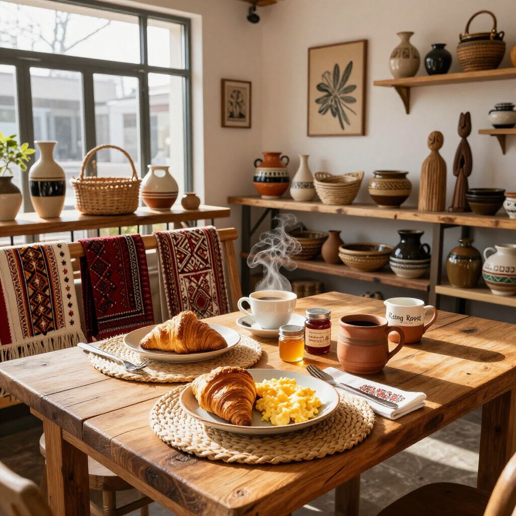 Breakfast table with croissants, eggs, coffee, and antique décor in a sunny room.