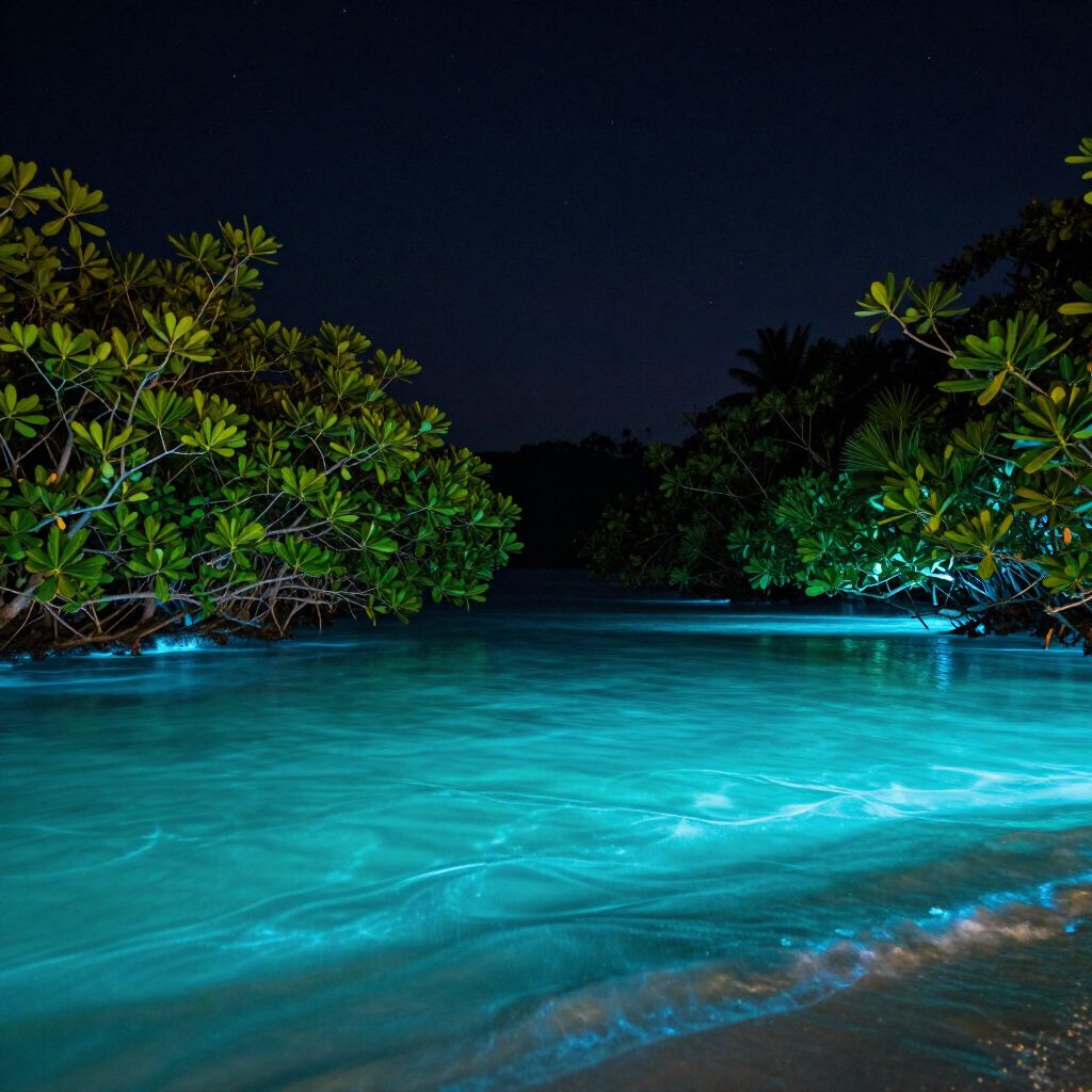 Glowing turquoise water, trees on either side, dark night sky.