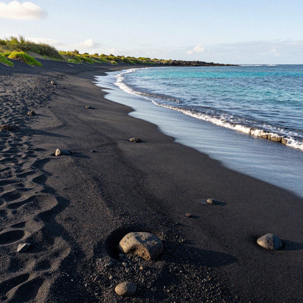 Black sand beach with turquoise water, dark rocks, and a clear blue sky.