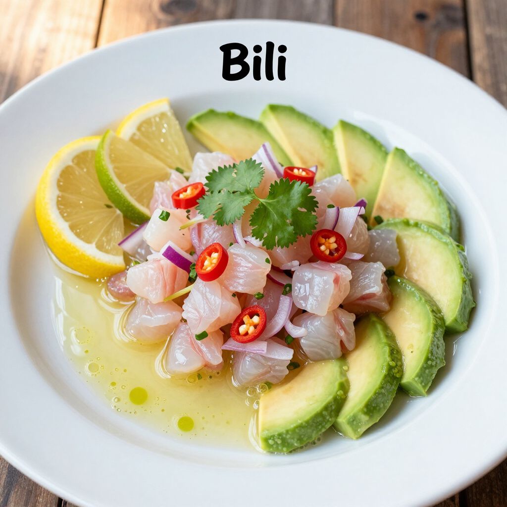 Bili: Fish ceviche dish with avocado slices, lemon wedges, red onion, and cilantro.