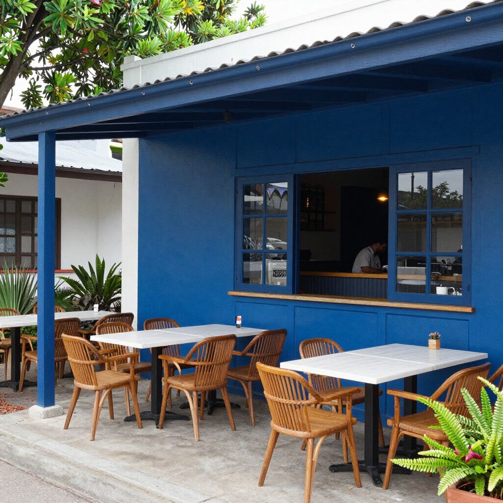 Blue cafe exterior with outdoor seating: tables and chairs, window open, white and blue.