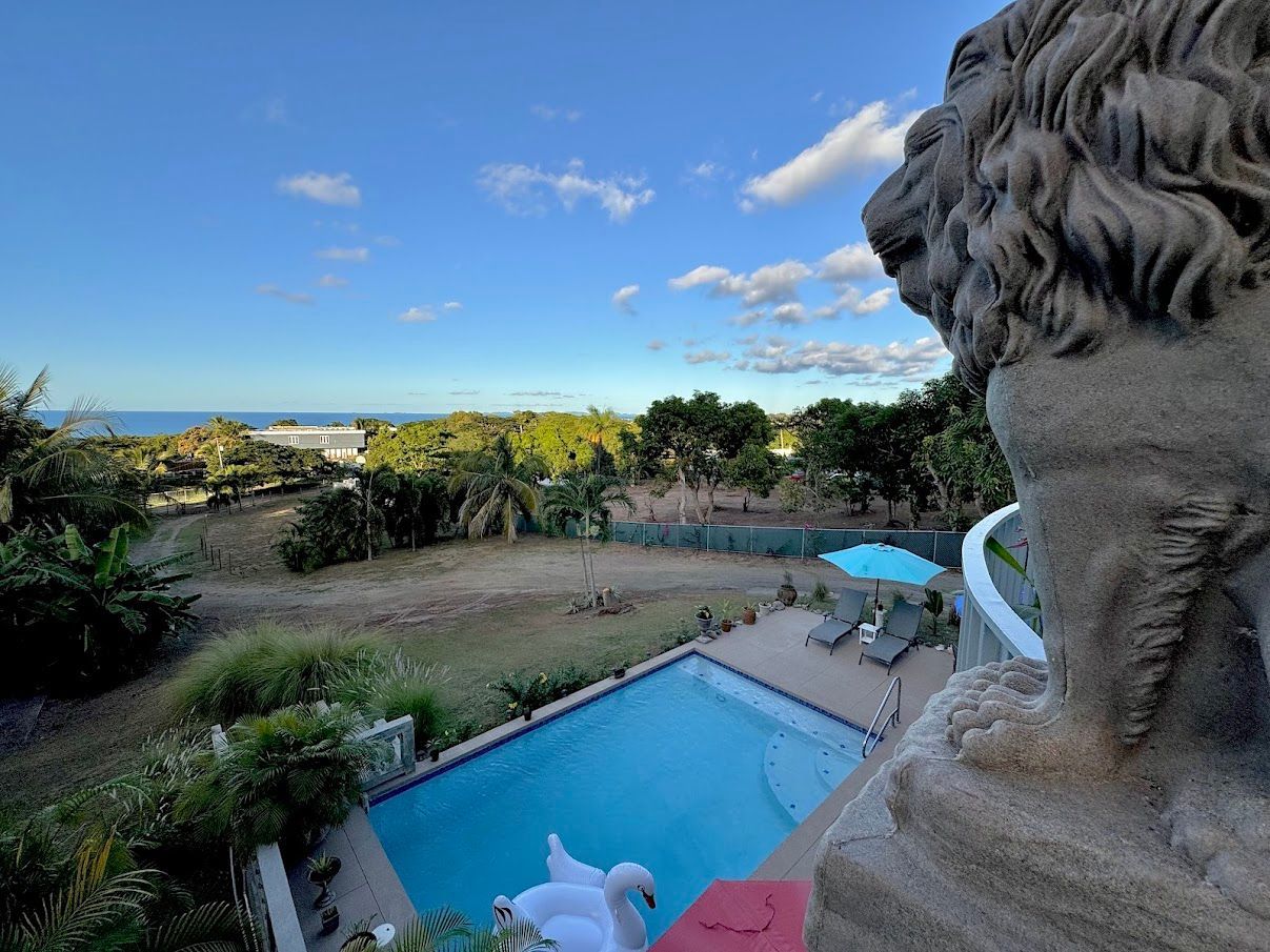 Lion statue overlooking a pool and landscape with ocean view under a blue sky.