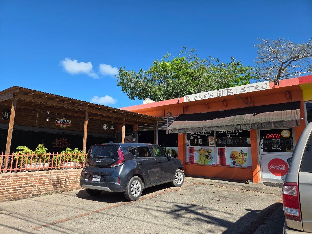 Biekes Bistro: People dine at wooden tables with flowers and candles. Restaurant interior.