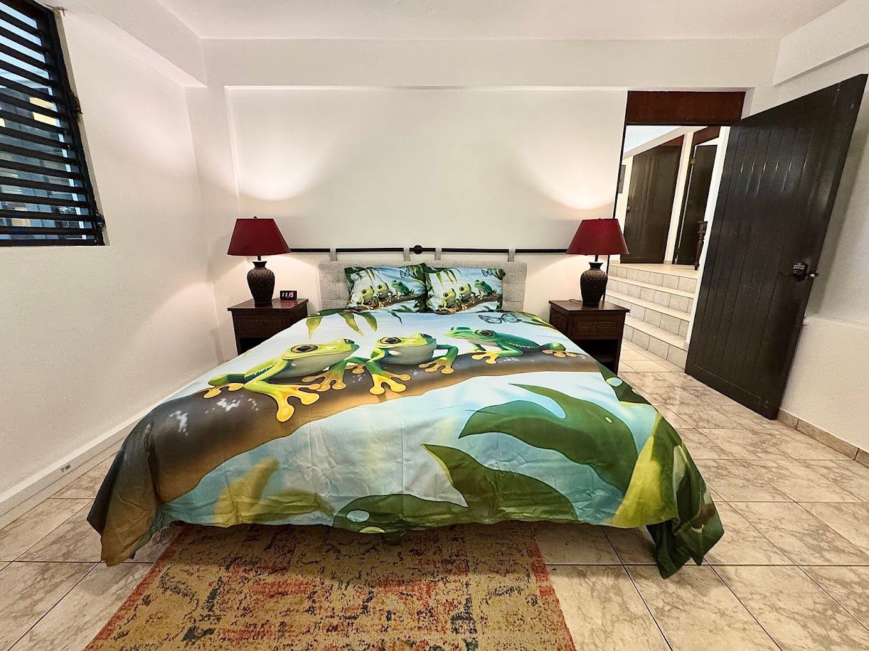Bedroom with bed, frog-themed comforter, lamps, nightstands, rug, and doorway to other rooms.