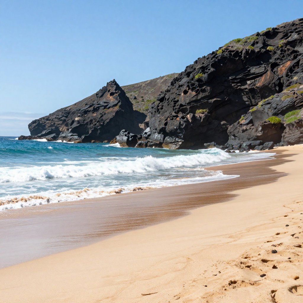 Sandy beach with ocean waves and black volcanic cliffs under a blue sky.
