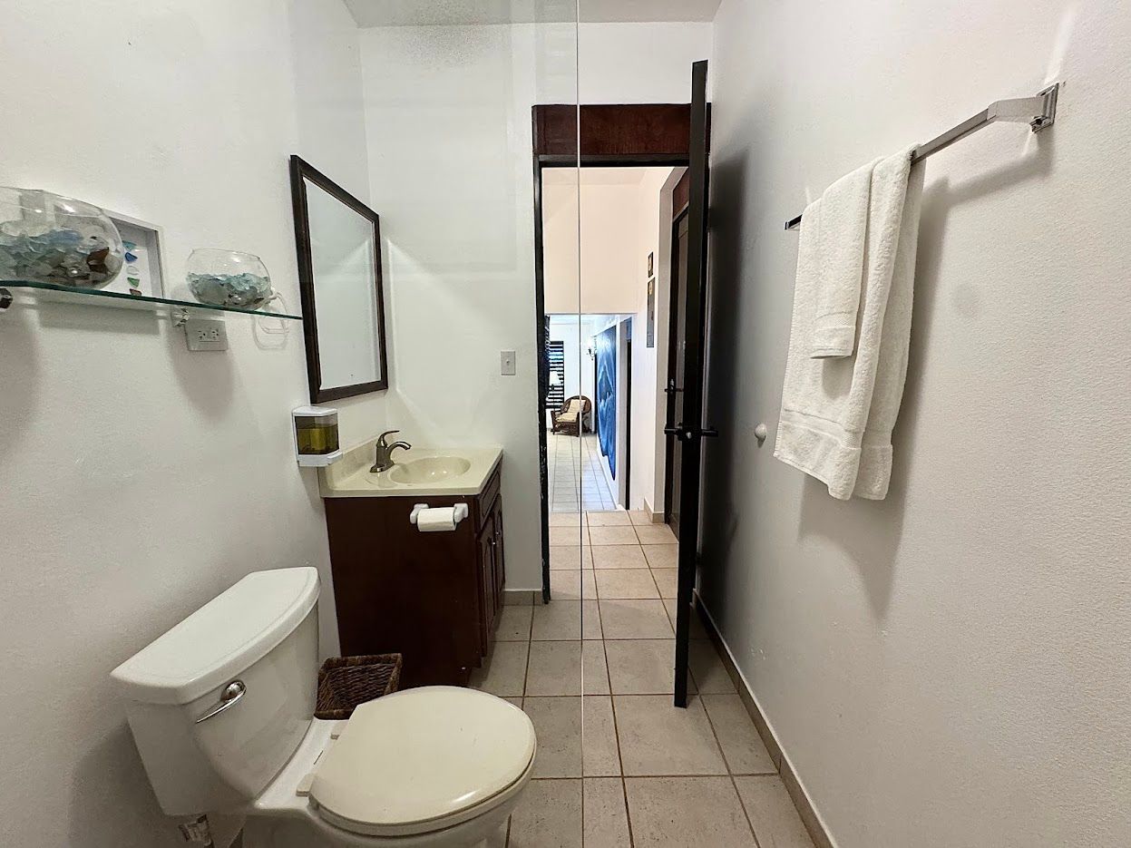 Bathroom with white walls, toilet, vanity, mirror, and towel rack. Doorway leads to hallway.
