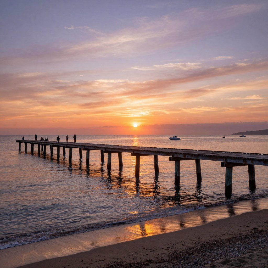 Sunset over water, a weathered pier extends to the horizon. Silhouetted figures stand on the pier.