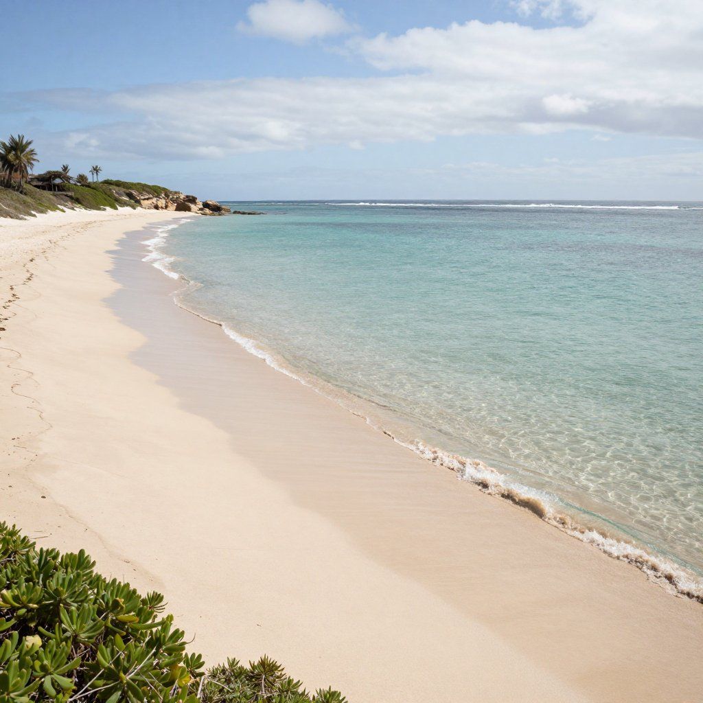 Sandy beach with turquoise water under a blue sky. Vegetation on the left.