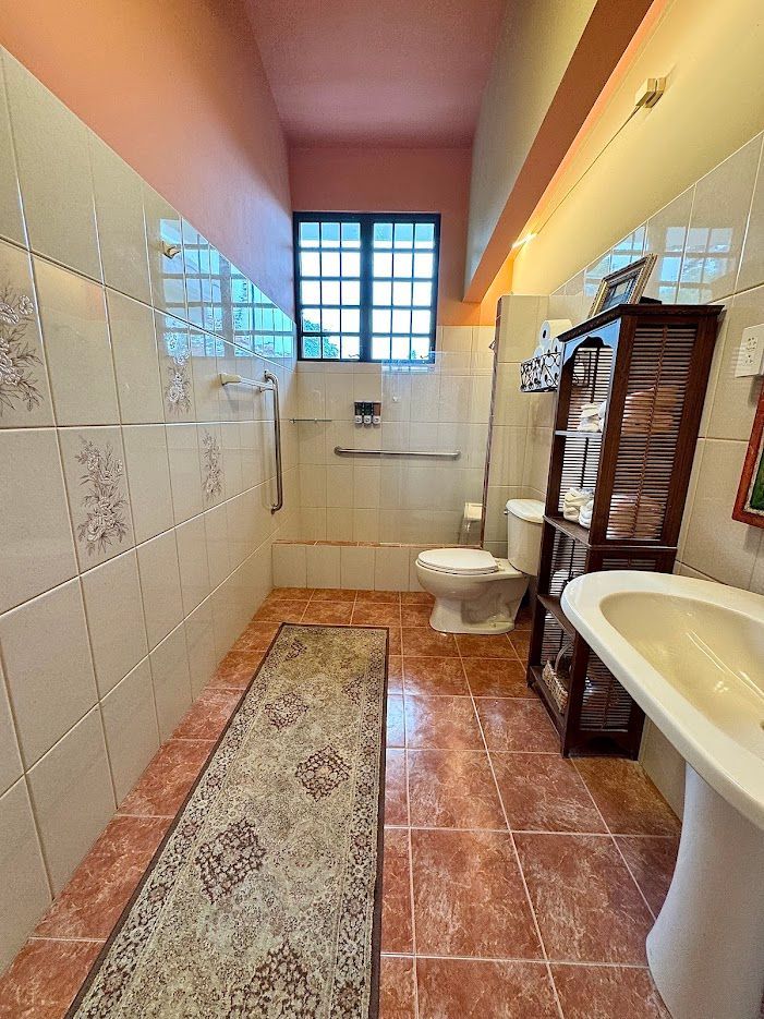 Bathroom with white and terracotta tiles, toilet, sink, and wooden shelving, window at the end.