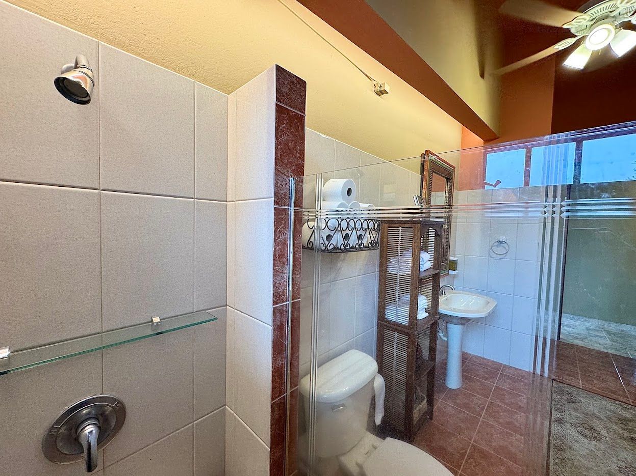 Bathroom with shower, toilet, sink, and decorative giraffe, beige tile, glass shelving.