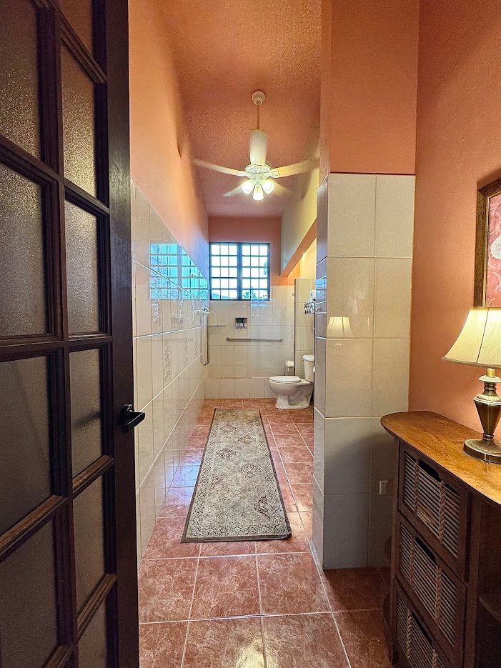 Hallway with pink walls, tiled floor, rug, and bathroom at the end. Wooden table with lamp on right.
