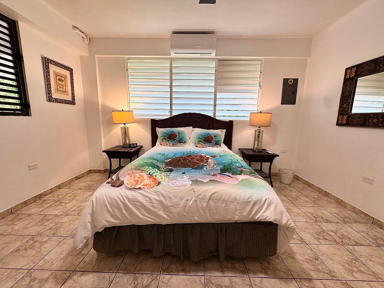 Bedroom with a bed, nightstands, lamps, artwork, window blinds, and air conditioner.