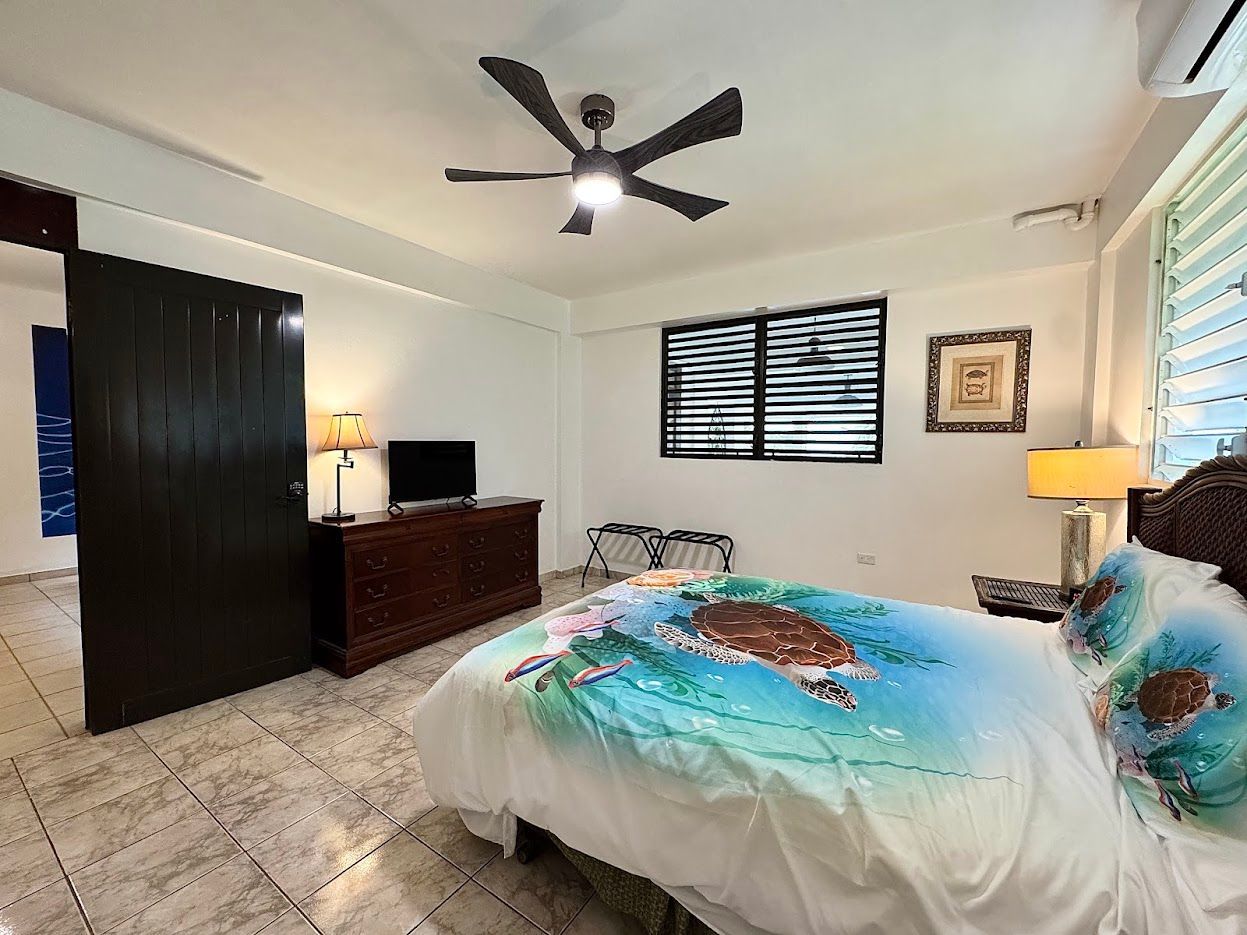Bedroom with bed, TV, dark wood dresser, ceiling fan, and sliding door.
