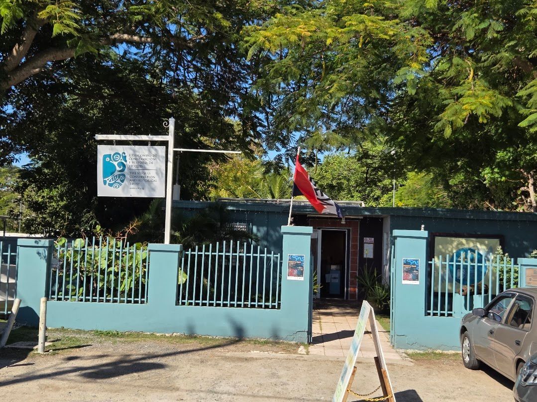 People gather at Viuqes Conservation & Historical Trust building, with tables, flowers, and a tree on a sunny day.