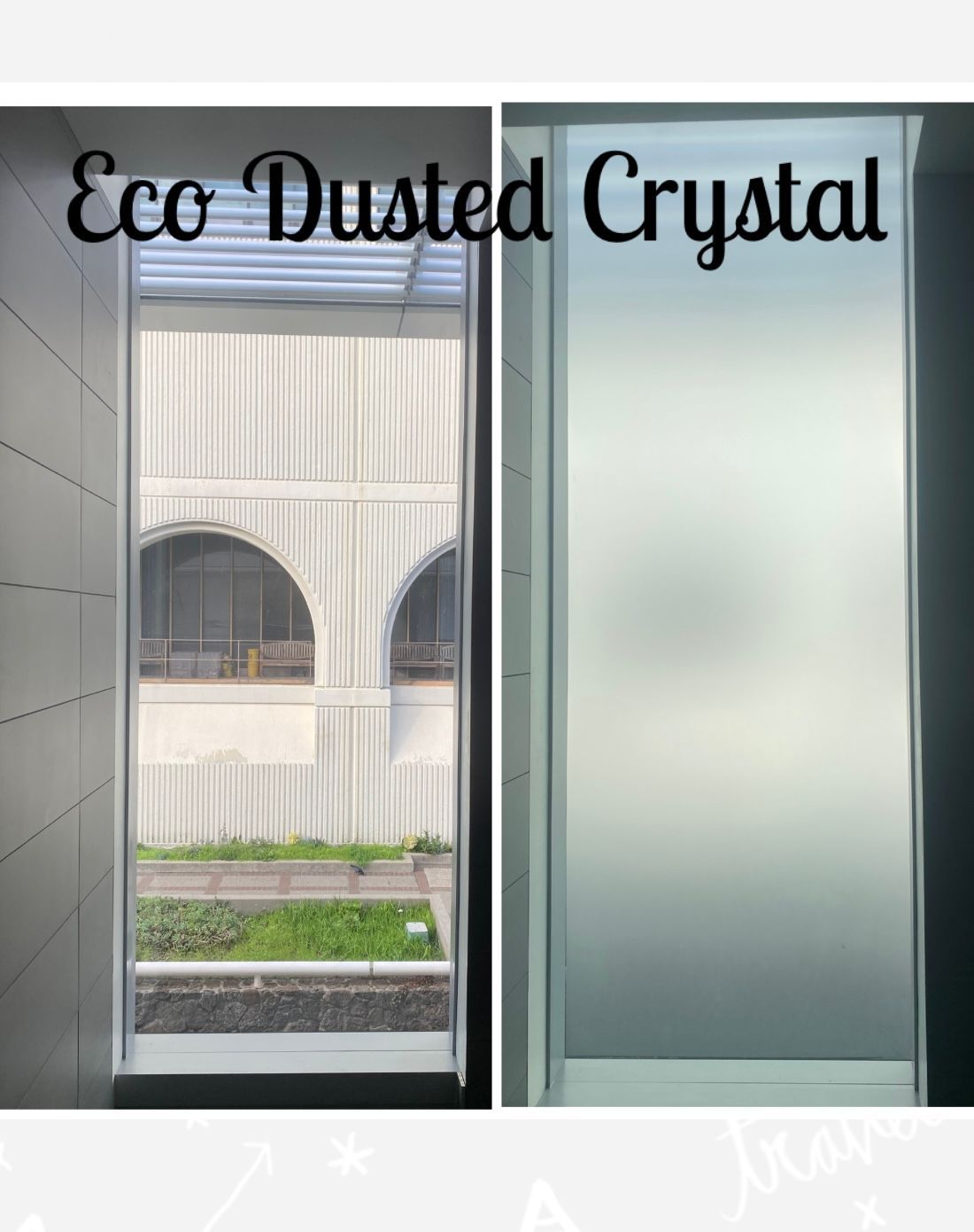 A split-screen comparison of a window showing a clear view on the left and frosted glass on the right, labeled Eco Dusted.