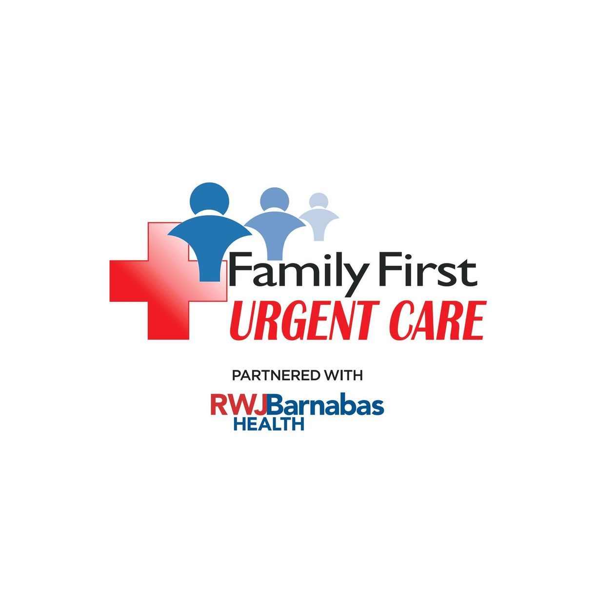 Logo for Family First Urgent Care: Red cross, blue figures, text