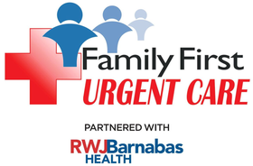 Family First Urgent Care logo with red cross and blue figures, partnered with RWJBarnabas Health
