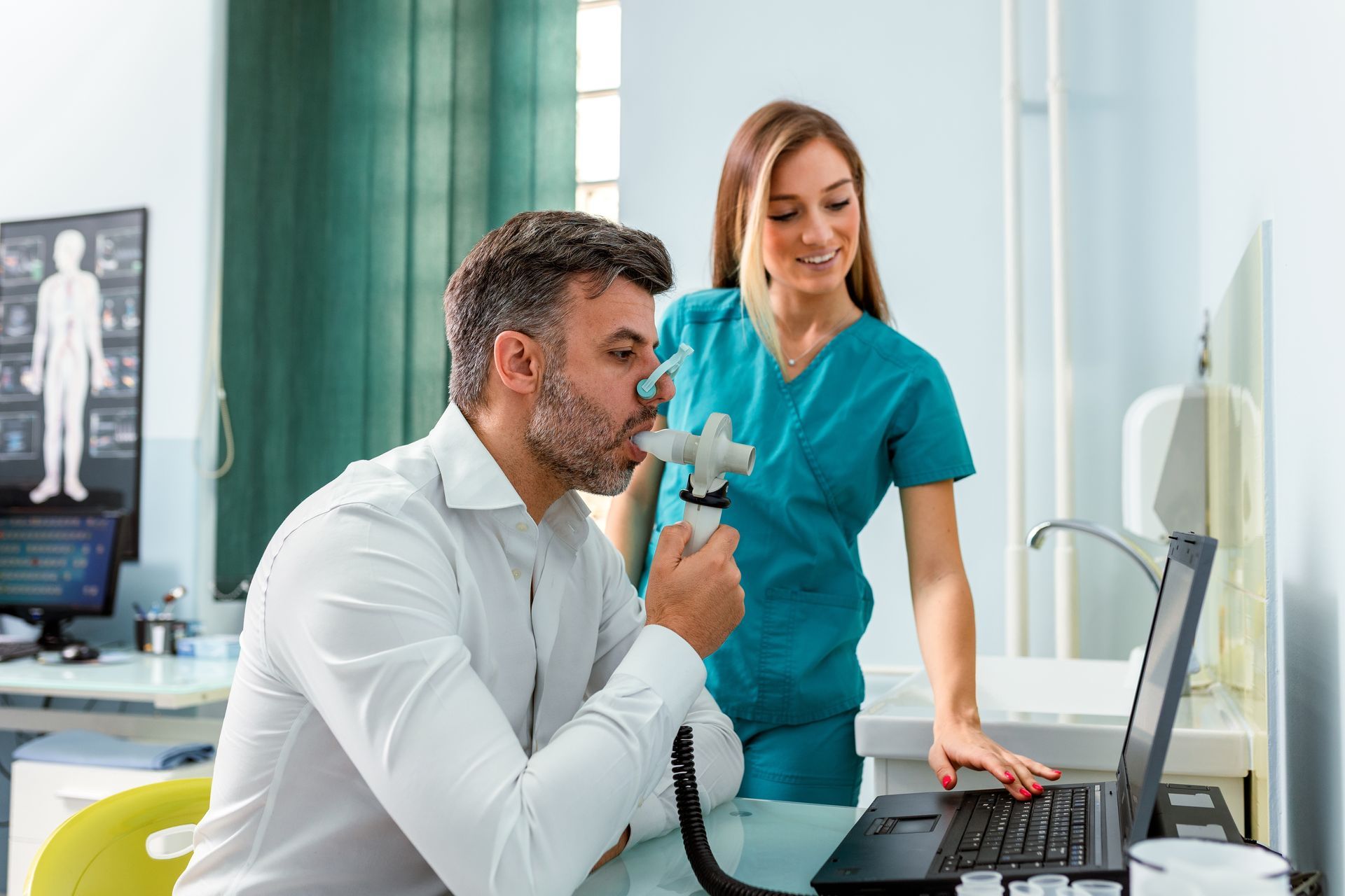 Waiting area with chairs, windows, and a dog statue.