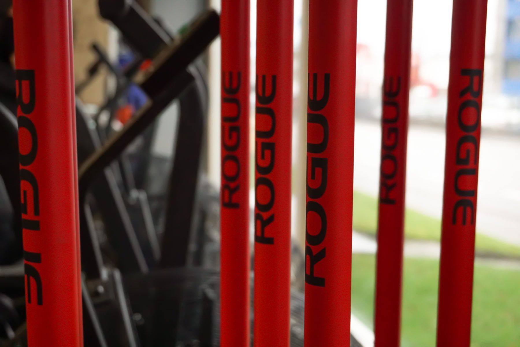 Eine Reihe roter Pfosten mit dem Wort „Rogue“ darauf.