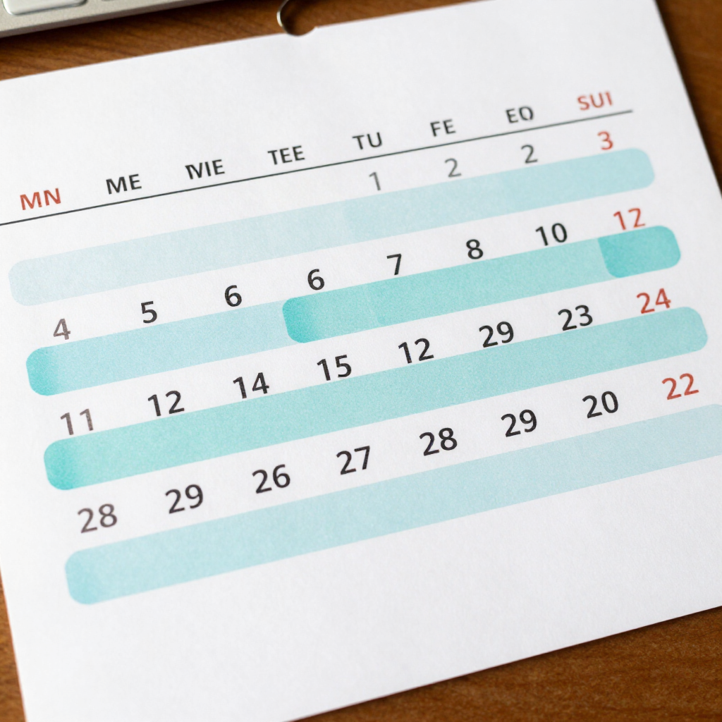 Monthly calendar page with dates highlighted in teal and Sundays marked in red