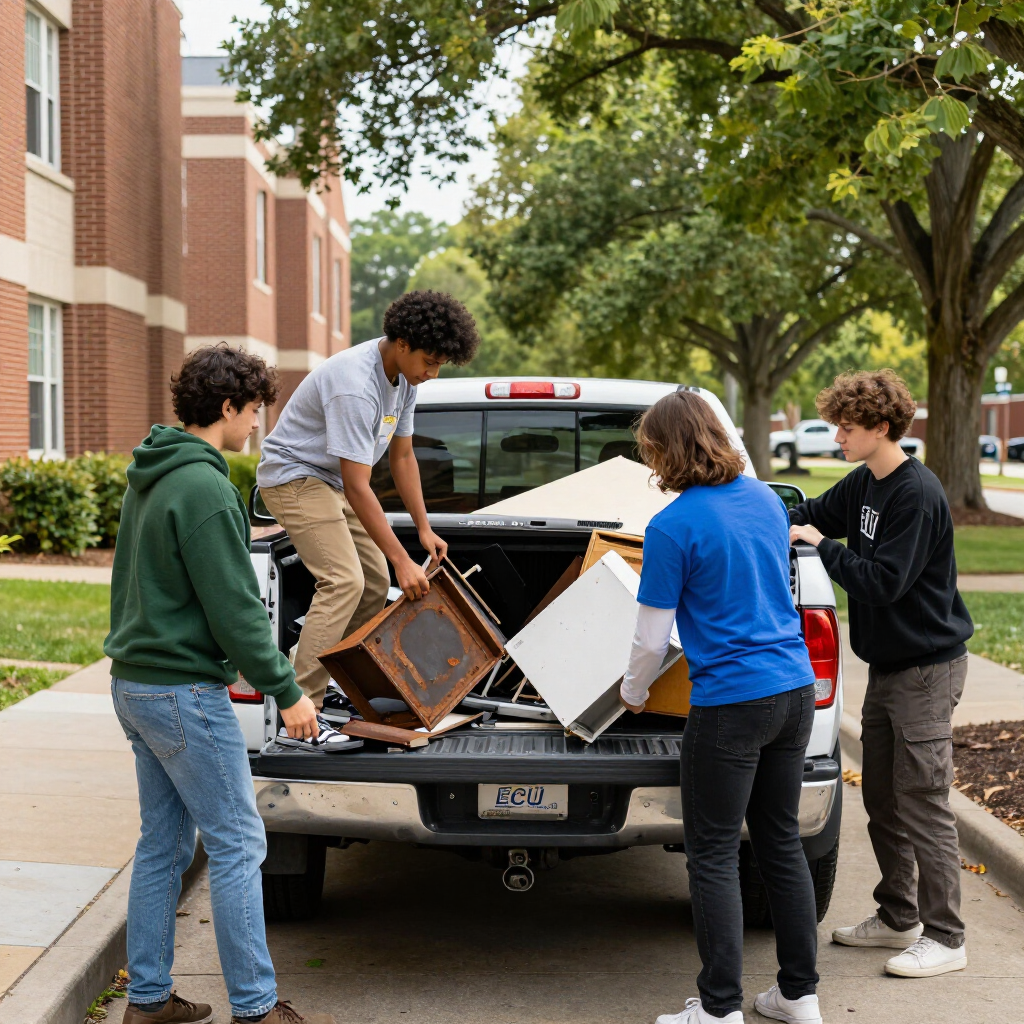 Four students load a pickup truck with furniture and boxes outside a brick building.