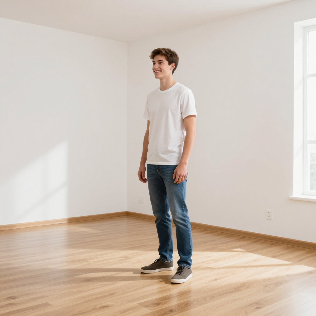Person standing in an empty sunlit room with wooden floors and a large window