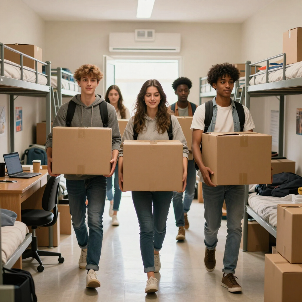 Students carrying boxes in a dorm room hallway, with bunk beds and unpacked belongings.