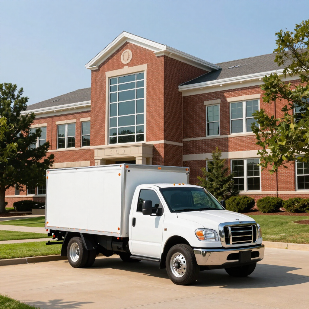 White box truck parked in front of a red-brick office building on a sunny day