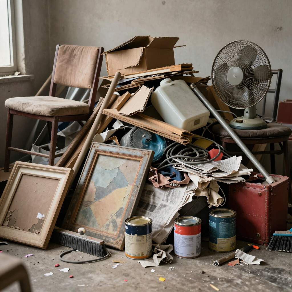 Cluttered room corner with stacked frames, boxes, a fan, paint cans, and scattered debris on the floor
