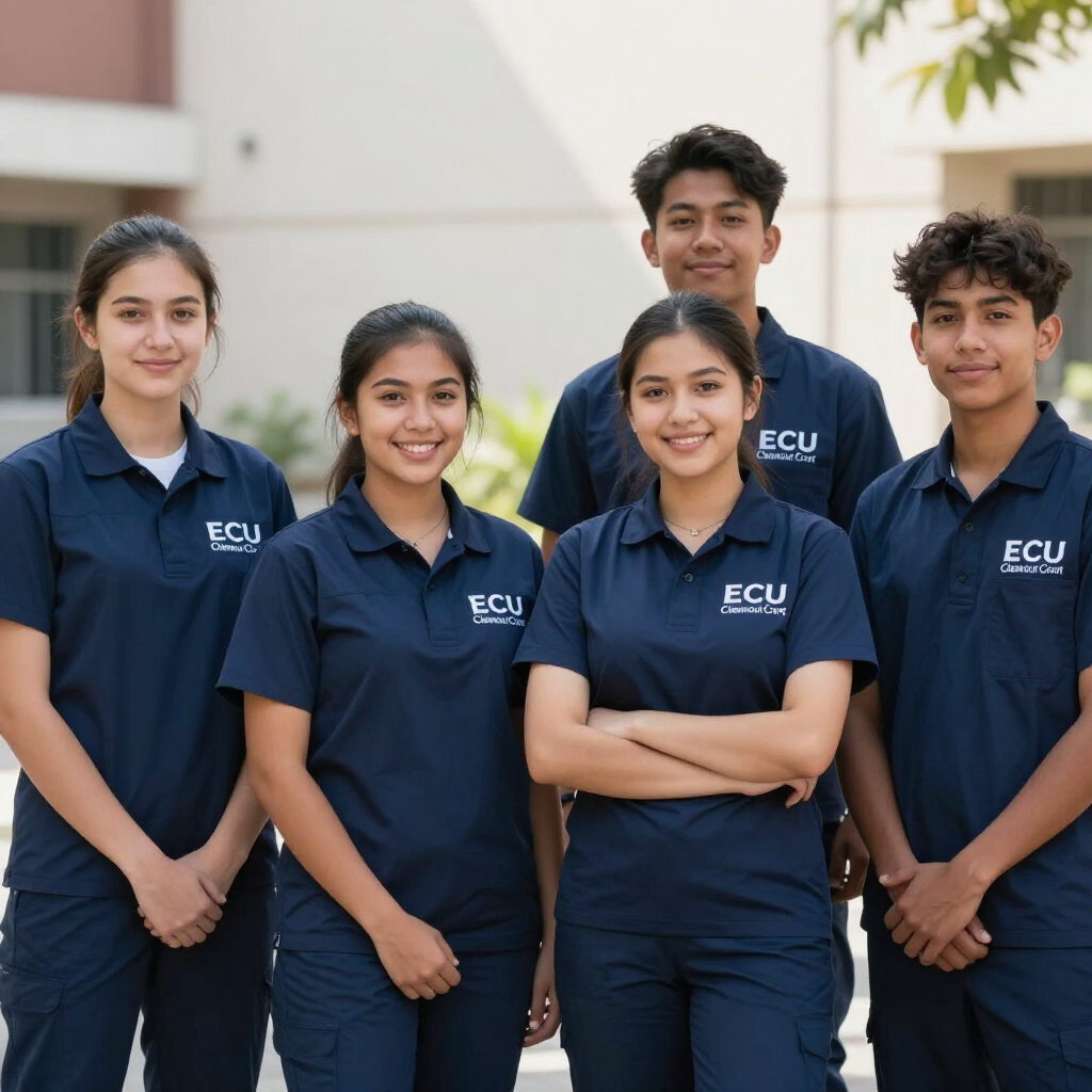 Five students in navy ECU polos standing together outdoors, smiling at the camera.