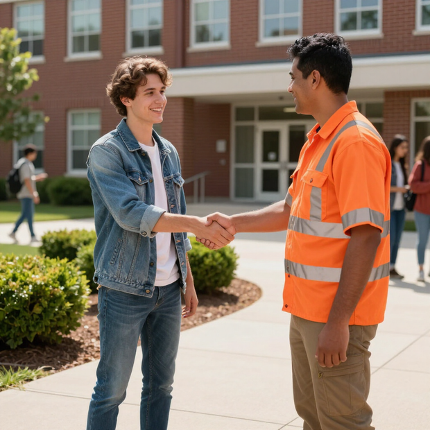 Two people shaking hands outside a brick building, one in a denim jacket and one in an orange safety vest.