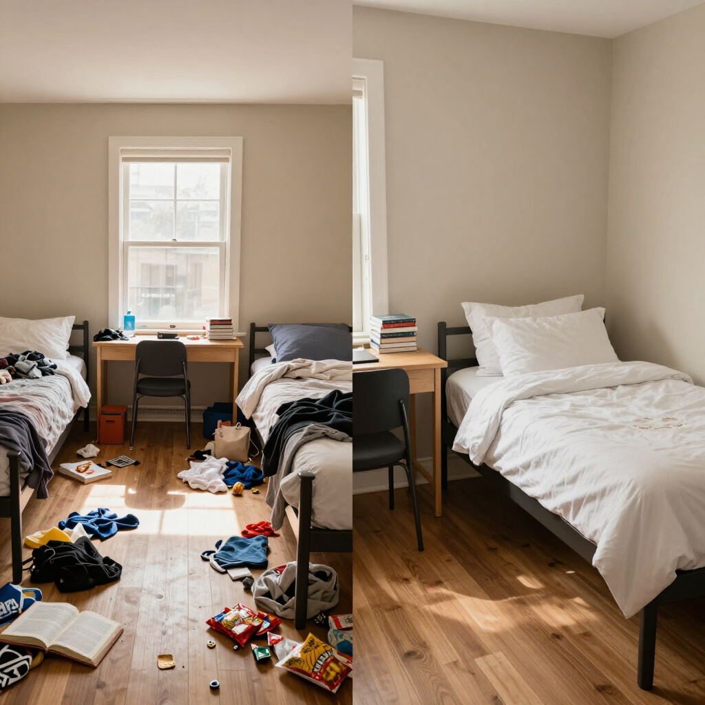 Messy bedroom with two beds, scattered clothes, and a desk by the window