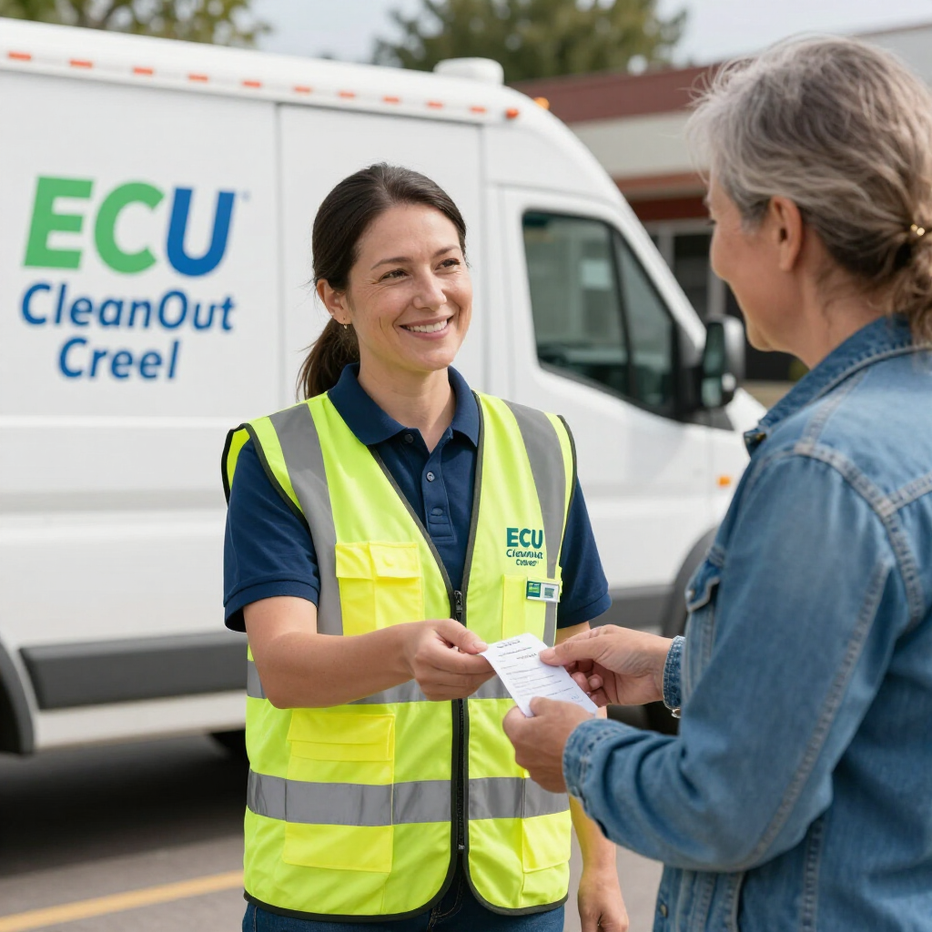 ECU CleanOut Creel worker in a neon vest speaking with a customer beside a service van