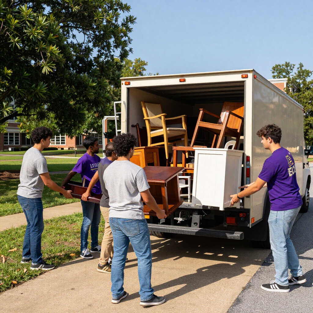 People unloading furniture and chairs from a moving truck on a sunny street