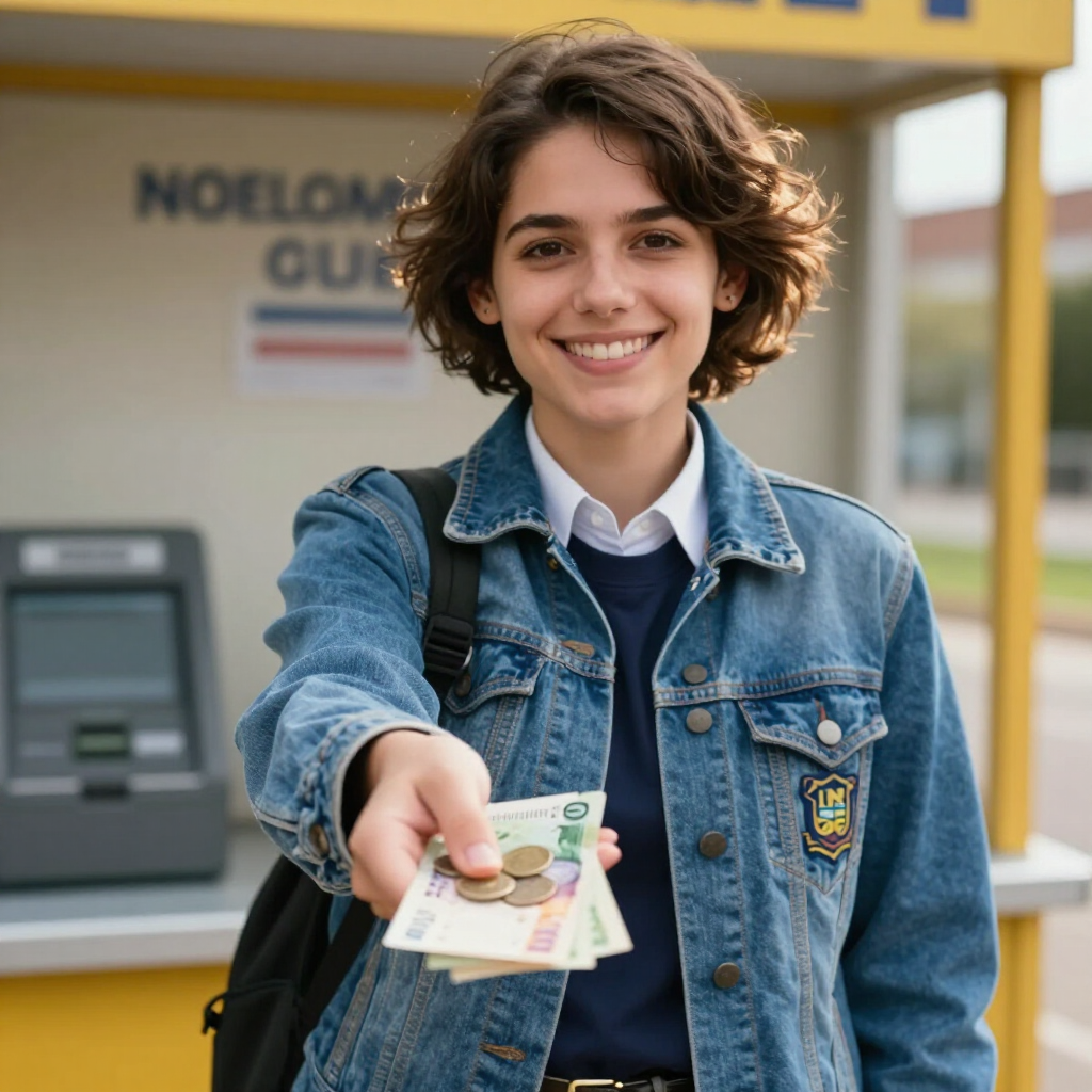 Smiling student in denim jacket offering cash outside a yellow storefront