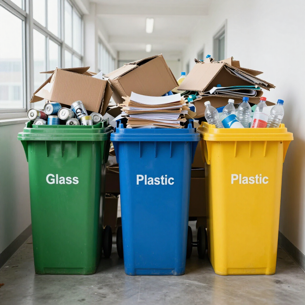 Three recycling bins labeled glass, plastic, and plastic with sorted bottles and cardboard above them