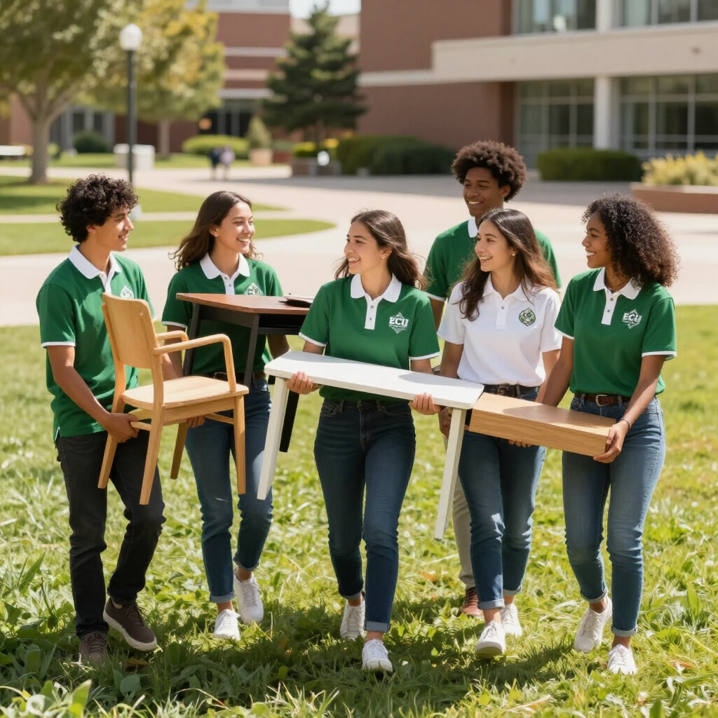 Five students in green shirts carry a table and chairs across a sunny campus lawn.