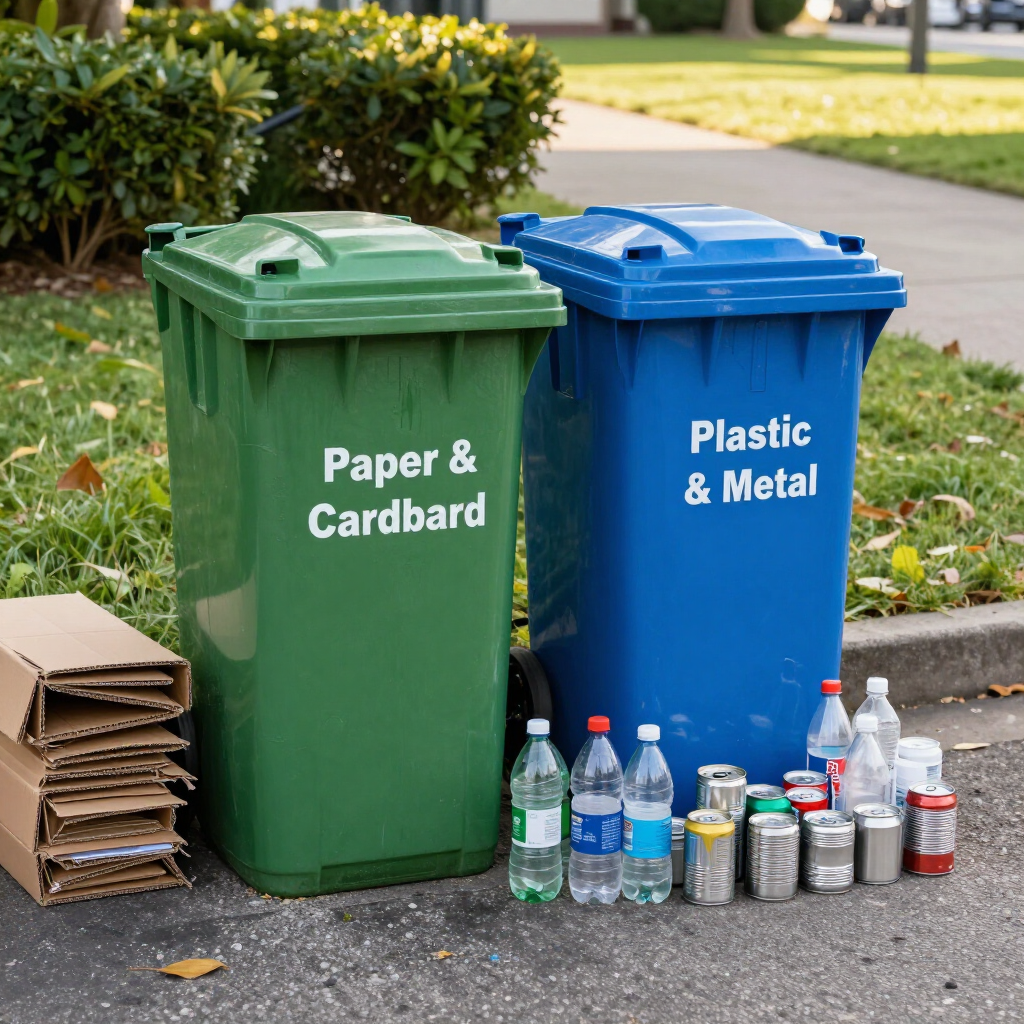 Green and blue recycling bins labeled paper/cardboard and plastic/metal beside sorted recyclables outdoors