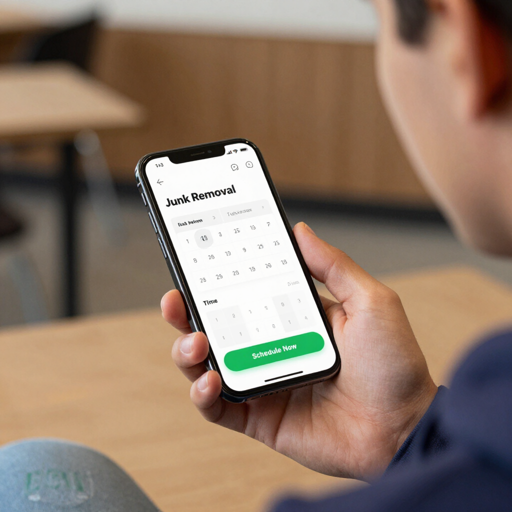 Person holding a smartphone showing a hotel booking calendar and green reserve button