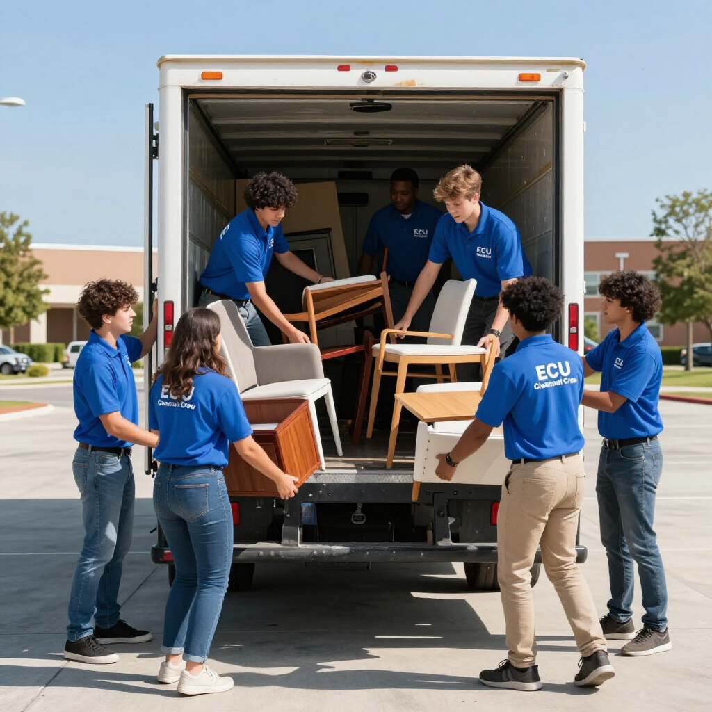 Students in blue shirts unload chairs and tables from a moving truck in a parking lot.