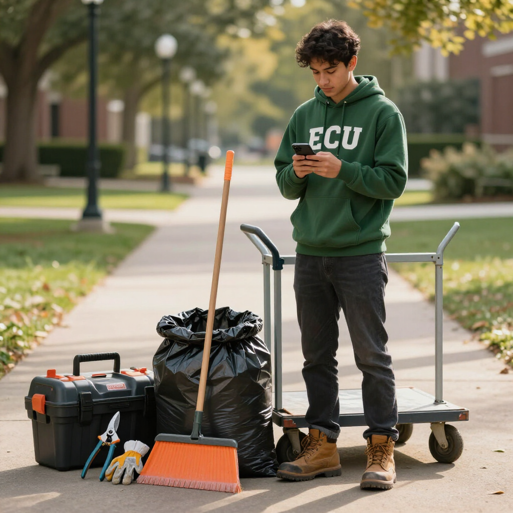 Student in a green ECU hoodie stands on a campus sidewalk beside cleaning tools and a cart, looking at a phone.