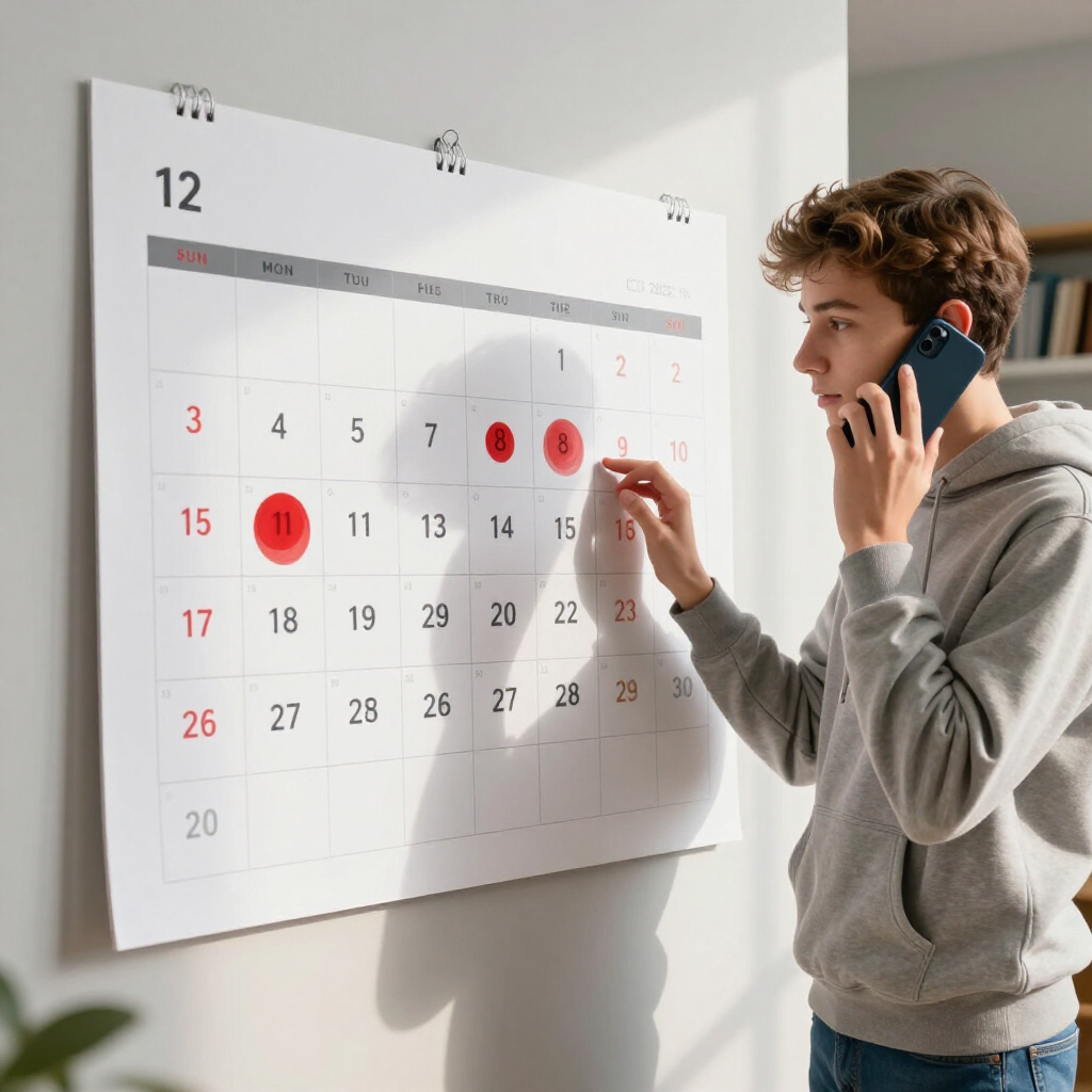 Person marking dates on a large wall calendar while holding a phone